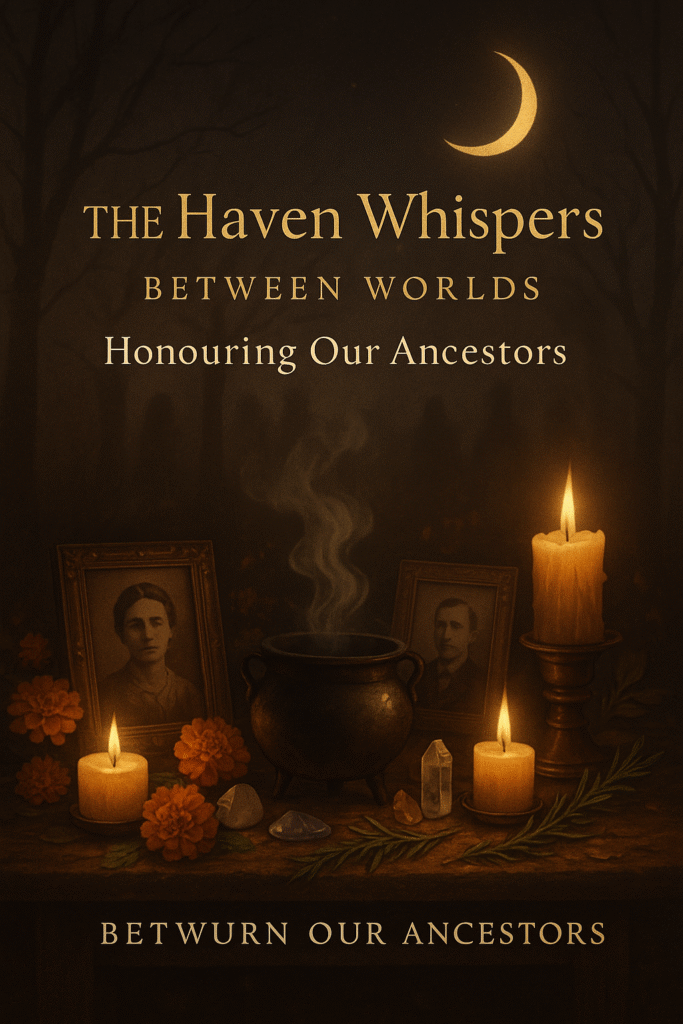 Guided healing with candles, photographs, and crystals honoring ancestors in the mystical space of The Goddess Haven.