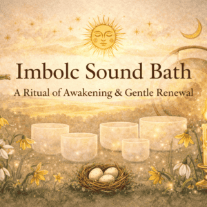 Soothing Imbolc Sound Bath for Spiritual Awakening and Renewal, featuring crystal bowls, candles, and sacred symbols for guided meditation, relaxation, and energetic cleansing.