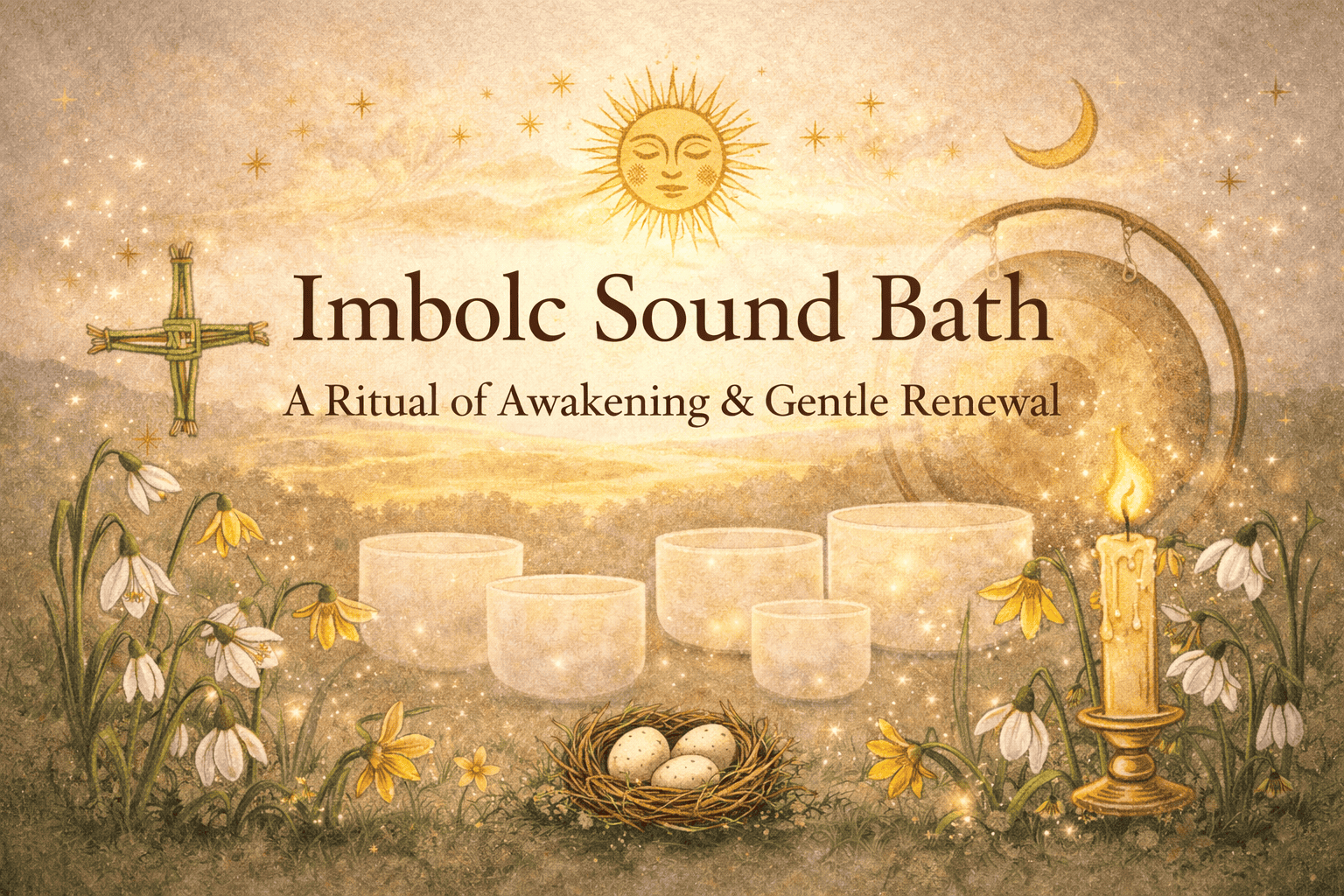 Soothing Imbolc Sound Bath for Spiritual Awakening and Renewal, featuring crystal bowls, candles, and sacred symbols for guided meditation, relaxation, and energetic cleansing.