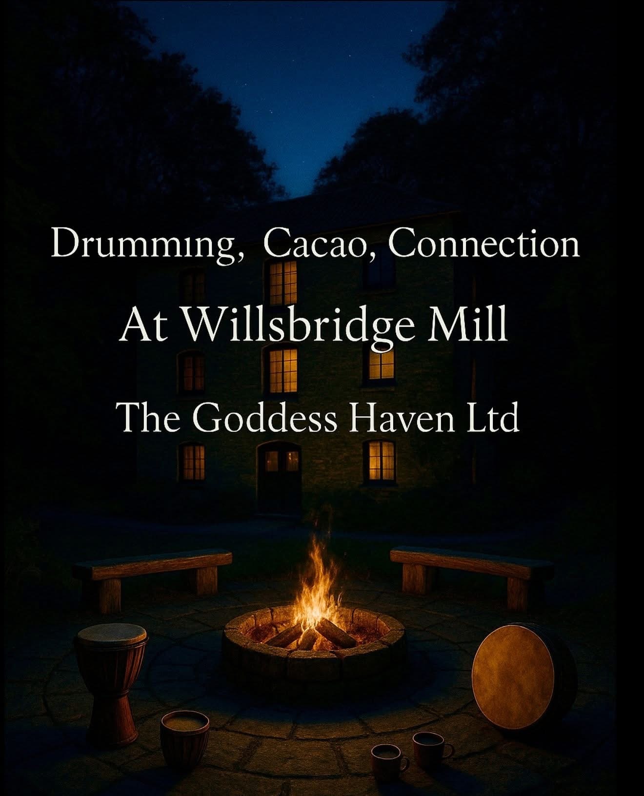 A cozy outdoor fire pit ritual at night with drums and cacao at Willsbridge Mill, surrounded by benches and musical instruments, under a starry sky, promoting connection and spiritual wellness.