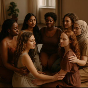 Serene spiritual women’s circle practicing meditation and mindfulness together in a cozy, warm-toned room, promoting female empowerment, self-discovery, and holistic wellness.