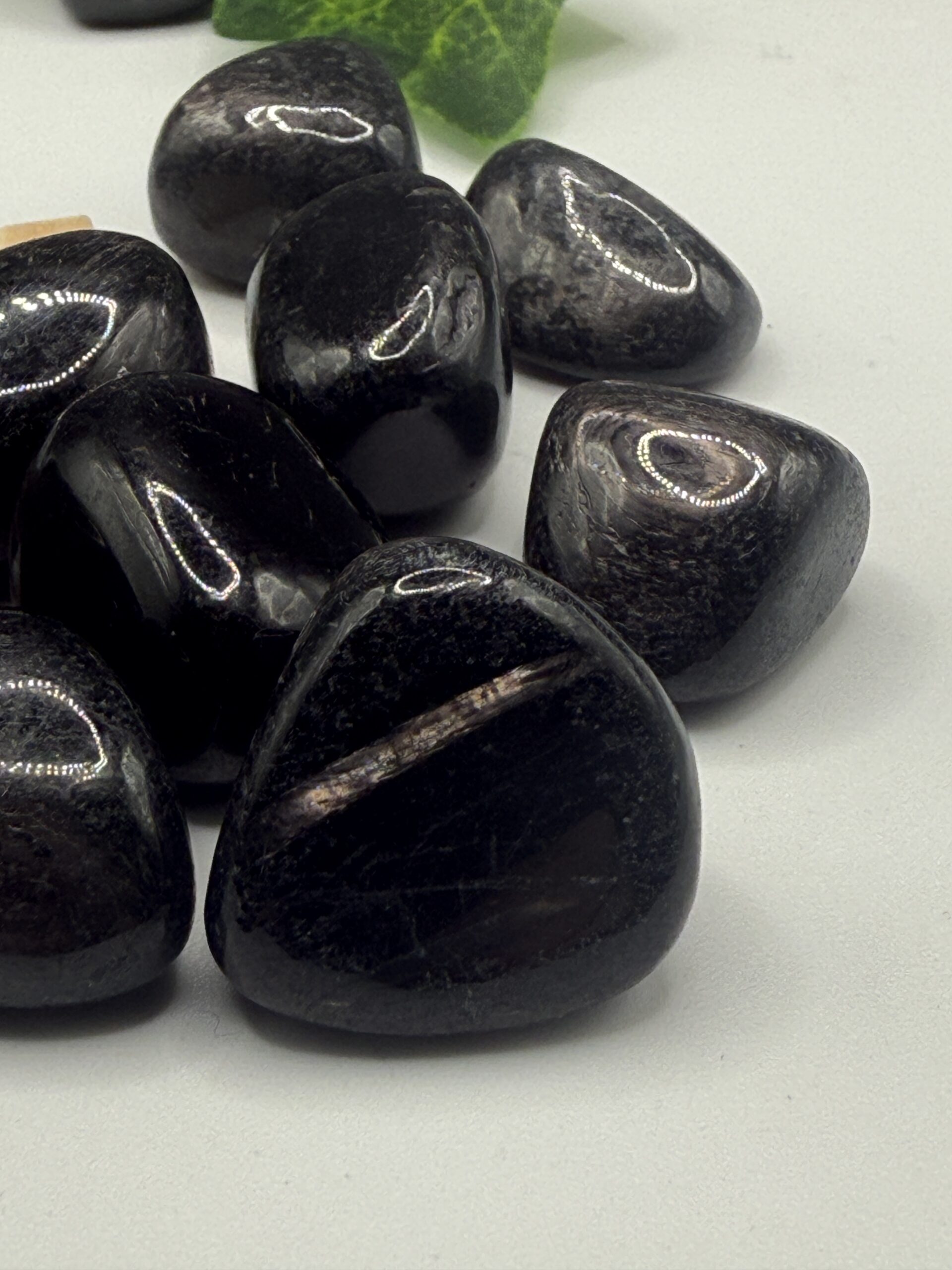 Polished black tourmaline crystals, healing energy stones for protection and grounding, arranged on a white surface with green leaves in the background.
