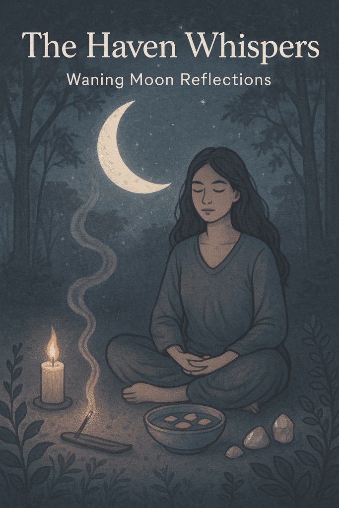 Peaceful woman meditating outdoors under the moonlight with candles, crystals, and herbs for spiritual healing and relaxation, promoting mindfulness and self-care.