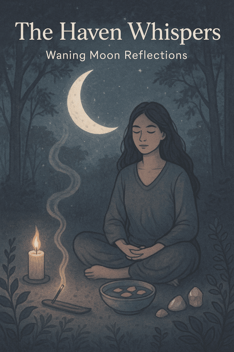 Peaceful woman meditating outdoors under the moonlight with candles, crystals, and herbs for spiritual healing and relaxation, promoting mindfulness and self-care.
