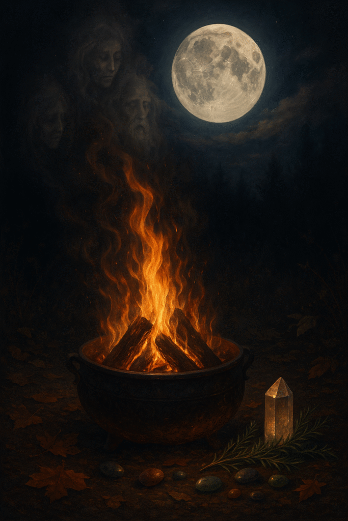 Fire burning in a cauldron under a full moon with mystical face images in the clouds, surrounded by herbs, crystals, and stones, creating an enchanted atmosphere for spiritual practices and rituals.