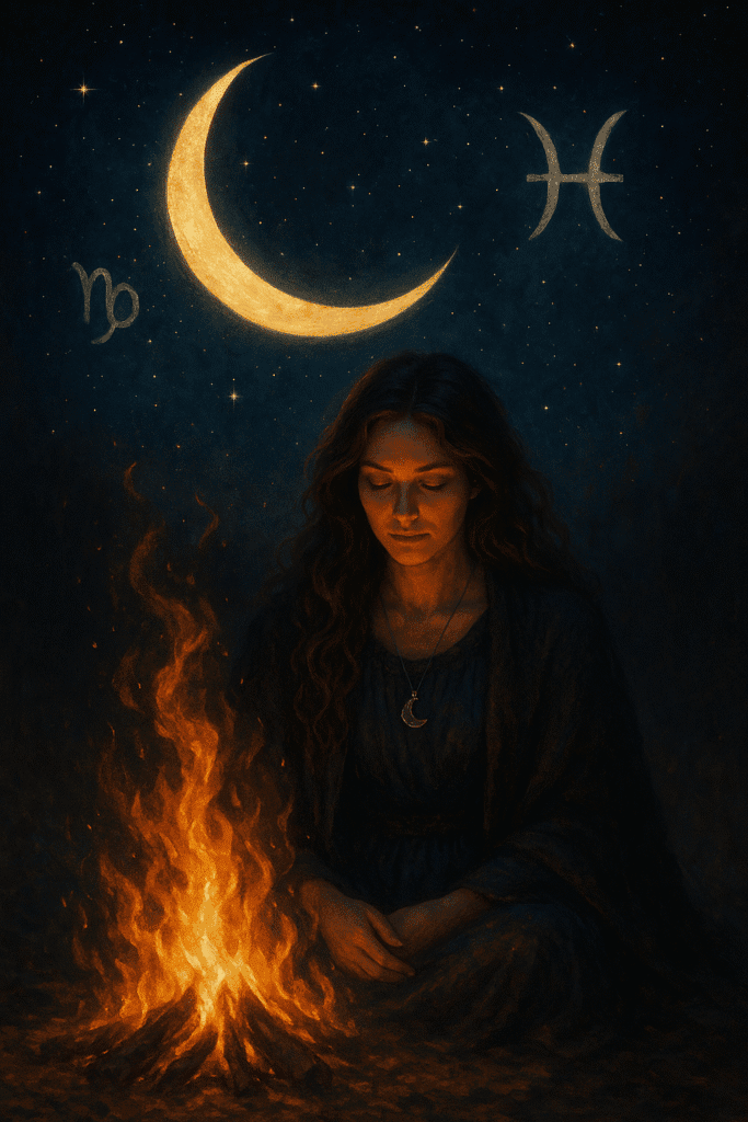 A woman with long wavy hair sits beside a fire under a starry sky with a crescent moon and astrology symbols, promoting spiritual growth and holistic wellness at thegoddesshaven.co.uk.