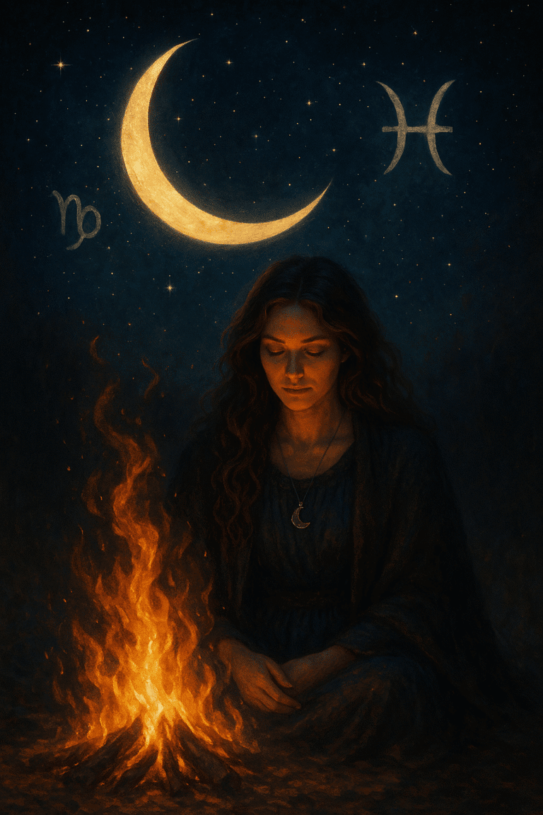 A woman with long wavy hair sits beside a fire under a starry sky with a crescent moon and astrology symbols, promoting spiritual growth and holistic wellness at thegoddesshaven.co.uk.