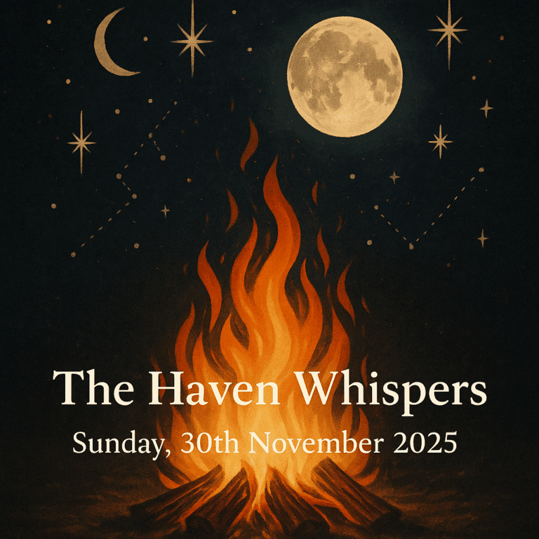 1. A mystical night scene featuring a glowing campfire under a starry sky with the moon, perfect for spiritual gatherings and full moon ceremonies at The Goddess Haven.