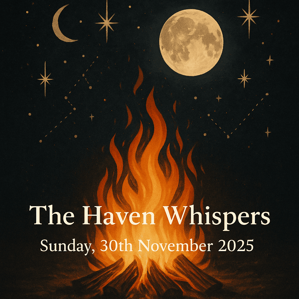 1. A mystical night scene featuring a glowing campfire under a starry sky with the moon, perfect for spiritual gatherings and full moon ceremonies at The Goddess Haven.