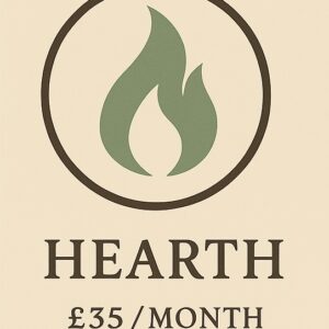 Green flame logo representing holistic energy healing and wellness services at The Goddess Haven, focusing on empowerment, relaxation, and spiritual healing, available for £35 per month.