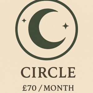 Moon phase circle with stars, promoting a Monthly Circle service for £70, ideal for spiritual growth and community connection.