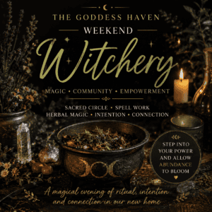 Enchanted witchcraft ritual setup with herbs, candles, and mystical symbols for empowerment, abundance, and spiritual connection at The Goddess Haven weekend event.