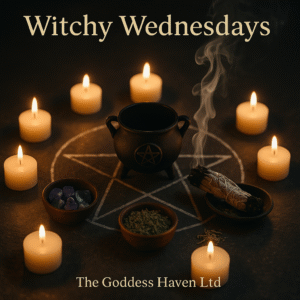 Candles, incense, and crystals arranged in a pentagram for witchcraft rituals at The Goddess Haven Ltd.