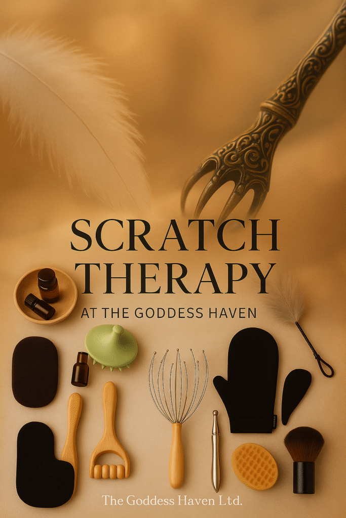 Relaxation and wellness massage tools for scratch therapy at The Goddess Haven, featuring natural materials and essential oils.