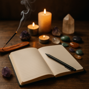 Aromatherapy workspace with open notebook, black pen, candles, crystal healing stones, and incense for spiritual healing and relaxation at The Goddess Haven.