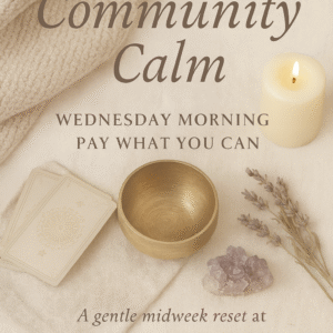 Calm community midweek reset sitting with tarot cards and crystals at Willbridge Mill.
