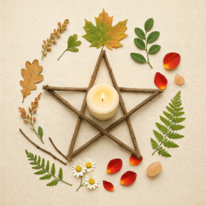 Calming aromatherapy candle with natural herbs and leaves for holistic healing and meditation. Perfect for relaxation and energy cleansing in wellness practices.