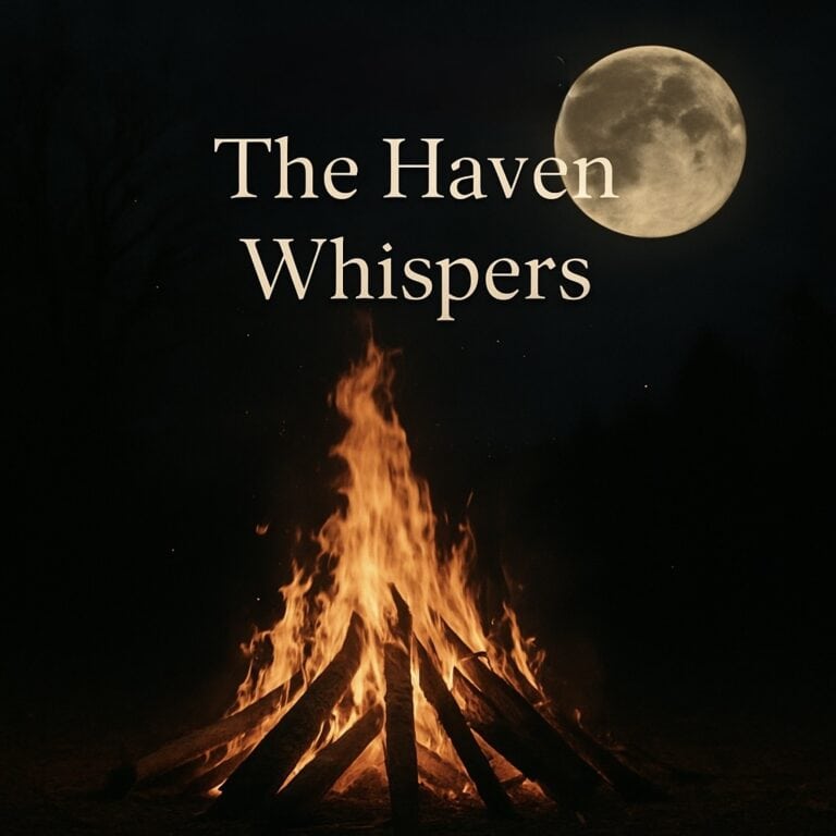 Moonlit night with a large full moon and a glowing campfire silhouette, evoking calm, reflection, and spiritual connection, ideal for mindfulness, meditation, and relaxation.