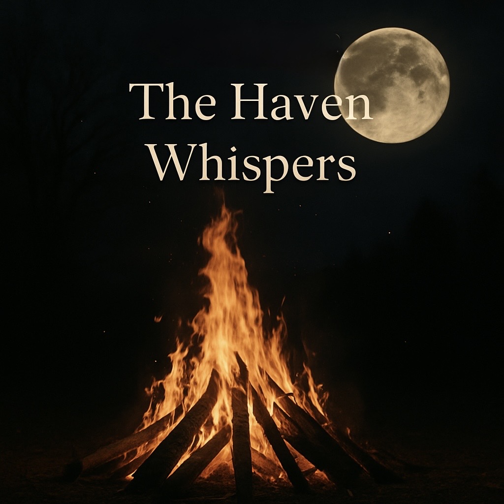 Moonlit night with a large full moon and a glowing campfire silhouette, evoking calm, reflection, and spiritual connection, ideal for mindfulness, meditation, and relaxation.