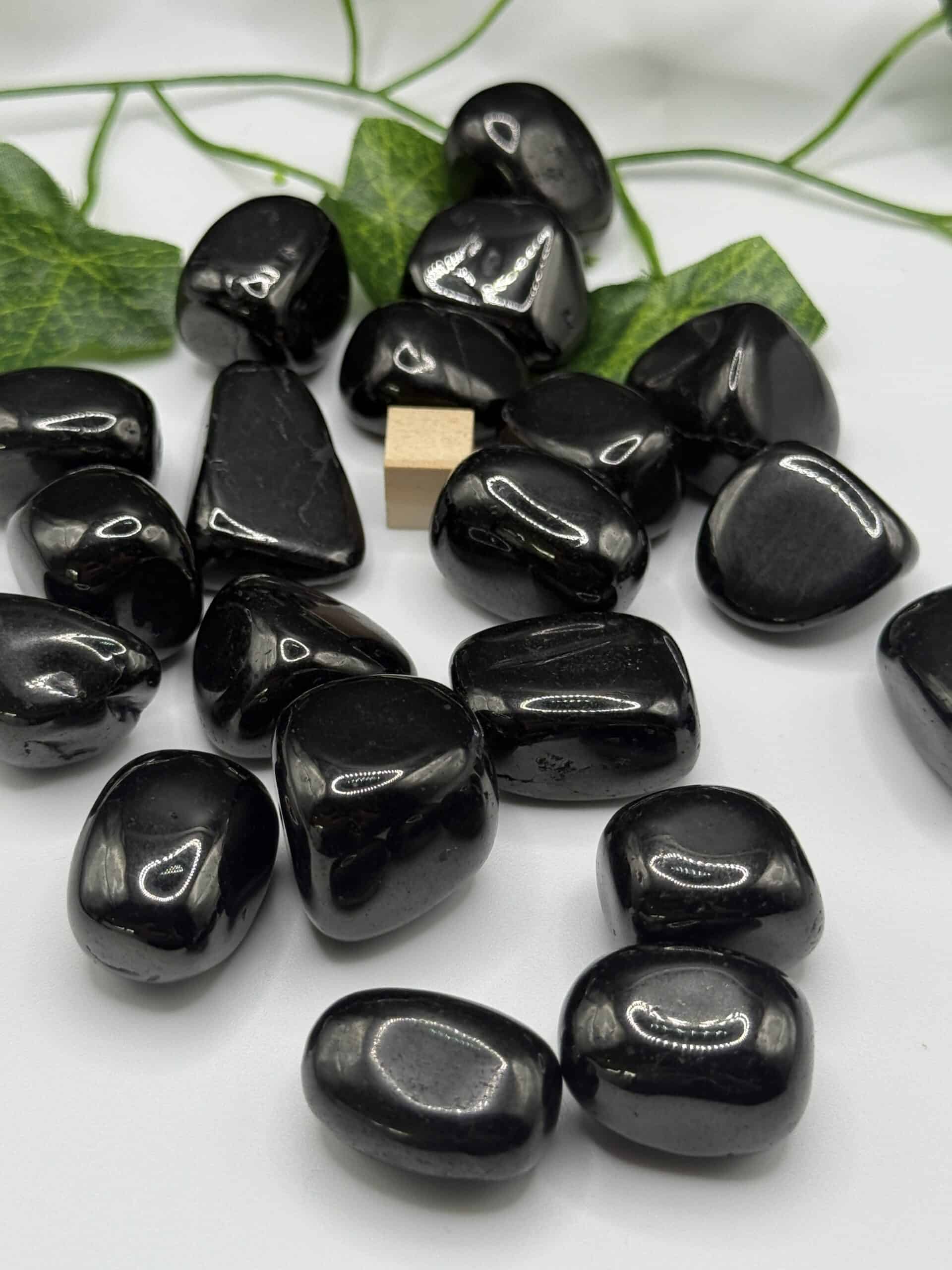 Polished black tourmaline stones with green ivy leaves on a white background, used for crystal healing and energy cleansing. Perfect for spiritual wellness and meditation practices.