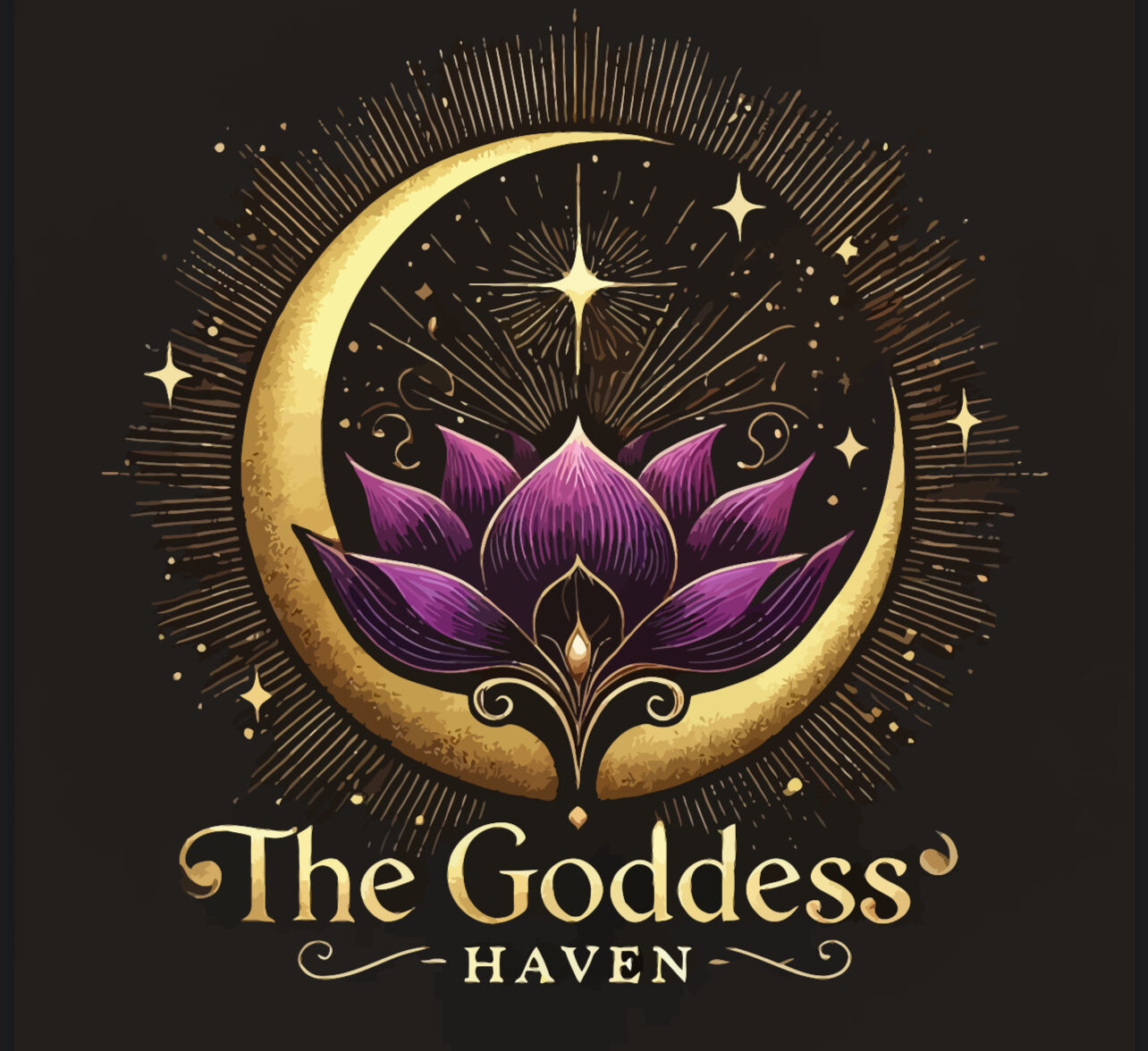 Elegant purple lotus flower with gold crescent moon, stars, and cosmic rays representing spiritual wellness and goddess empowerment at The Goddess Haven.