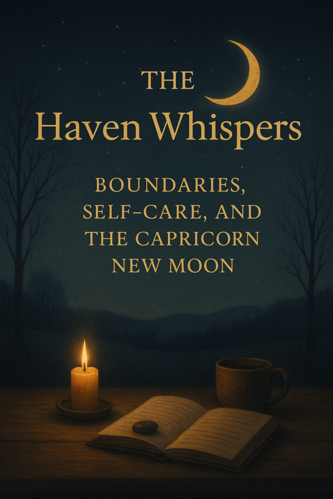 Meditative night scene with candle, open journal, and cup under a starry sky and crescent moon, promoting self-care, boundaries, and new moon rituals for wellness and spiritual growth.