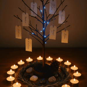 Enchanted wooden wish tree with glowing string lights surrounded by tea light candles and greenery, perfect for spiritual healing, manifestation, and positive energy at The Goddess Haven.