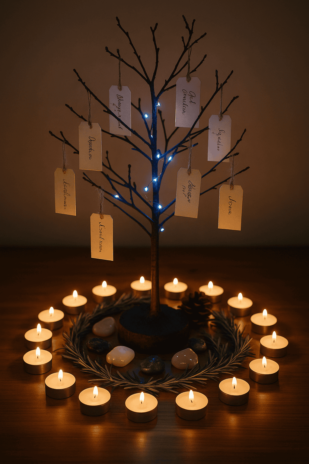 Enchanted wooden wish tree with glowing string lights surrounded by tea light candles and greenery, perfect for spiritual healing, manifestation, and positive energy at The Goddess Haven.