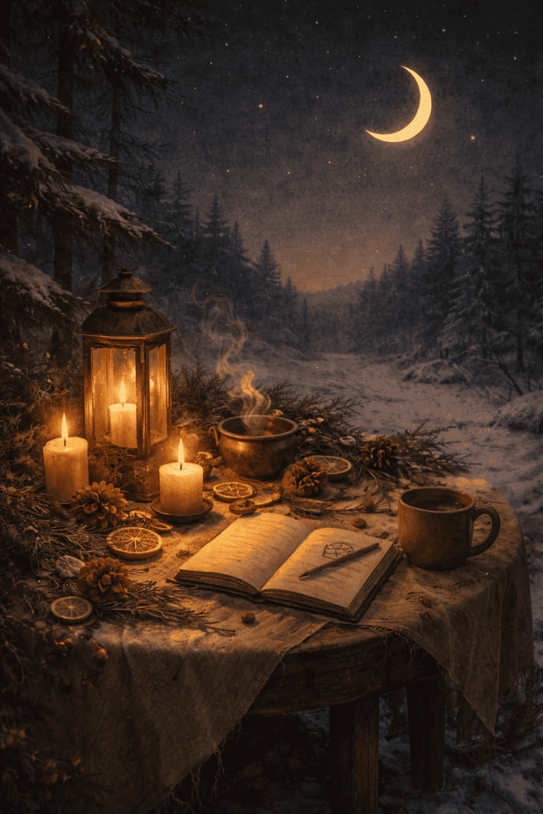 A serene outdoor winter scene featuring a candlelit table in a snowy forest under a crescent moon, with cozy candles, dried citrus slices, pinecones, an open journal, and steaming tea for a mystical, enchanting atmosphere.