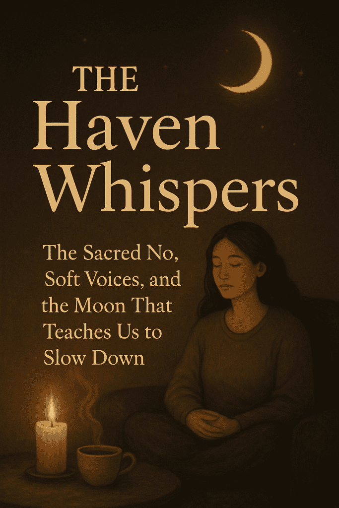 Calm woman meditating under moonlight with candle and tea, promoting relaxation, spirituality, and mindfulness at The Goddess Haven.