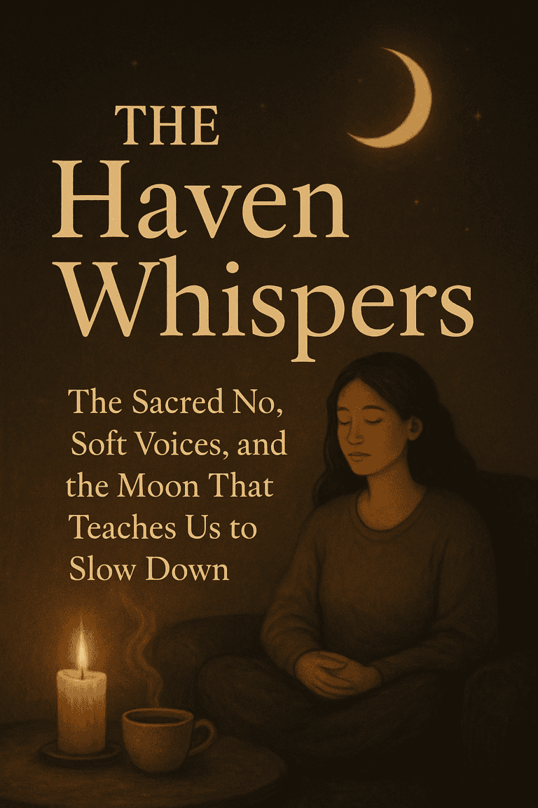 Calm woman meditating under moonlight with candle and tea, promoting relaxation, spirituality, and mindfulness at The Goddess Haven.