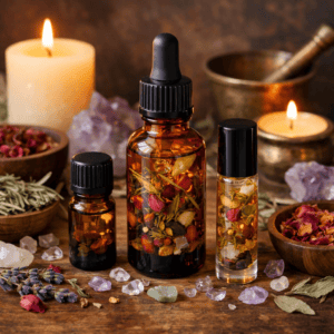 Aromatherapy essential oils with dried herbs and crystals on a rustic wooden table, lit candles, and meditation tools, promoting relaxation, healing, and spiritual wellness.