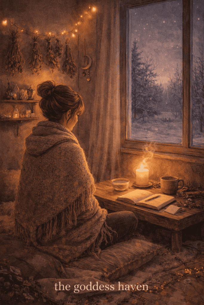 1. Woman sitting by window with candle, surrounded by cozy winter decor, practicing mindfulness and relaxation at The Goddess Haven.