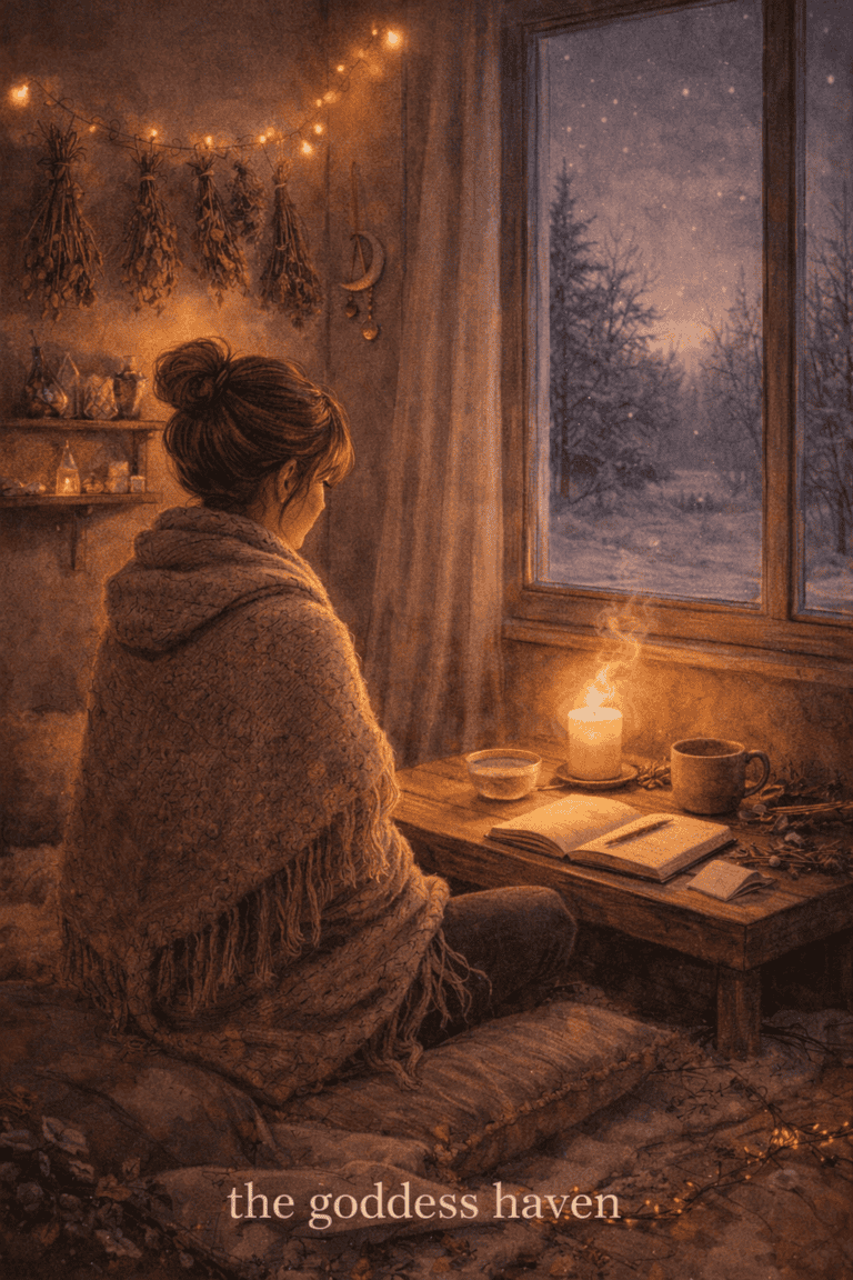 1. Woman sitting by window with candle, surrounded by cozy winter decor, practicing mindfulness and relaxation at The Goddess Haven.