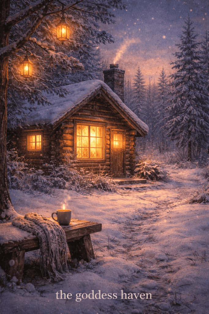 1. Cozy winter cabin in snow-covered forest with glowing windows, outdoor candle, and lanterns creating warm ambiance, perfect for relaxation and self-care.