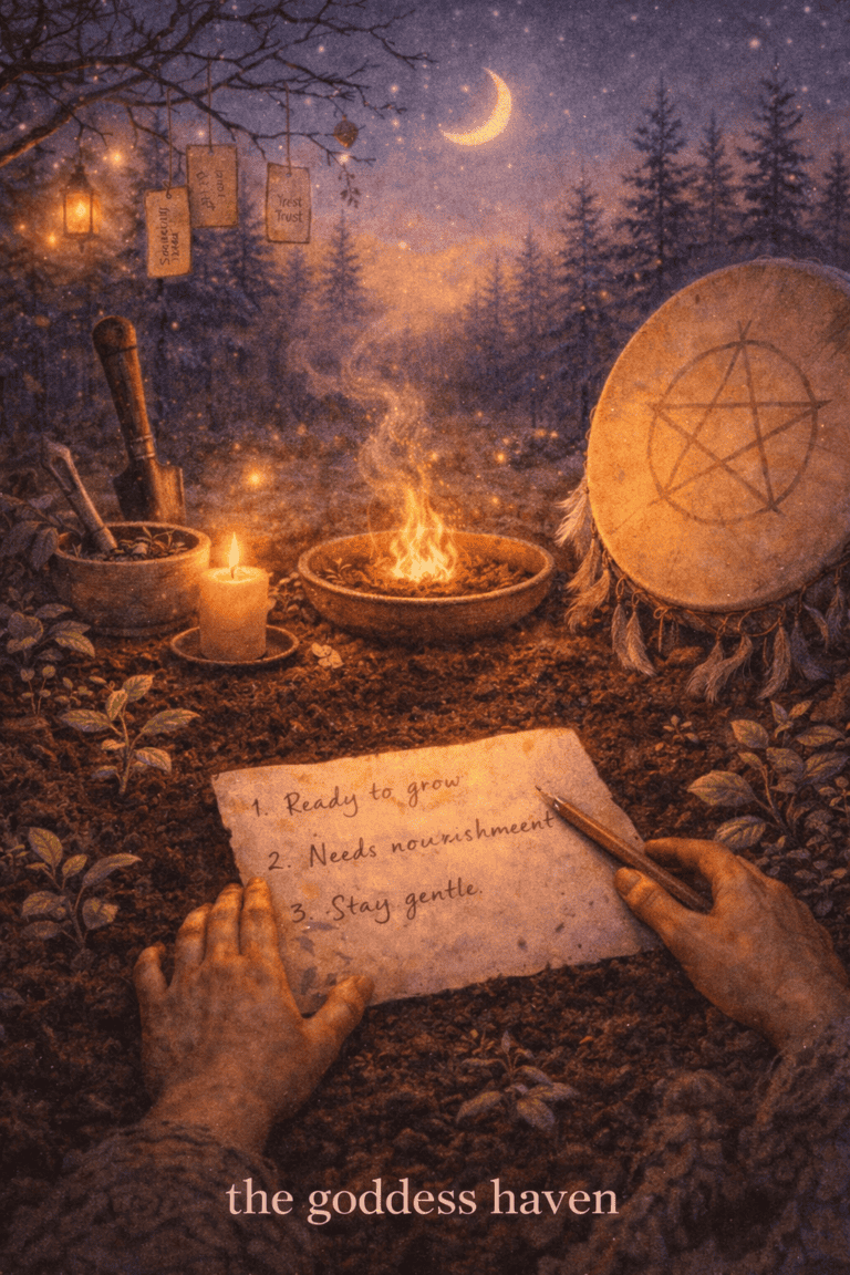 A mystical outdoor witchcraft ritual scene featuring a handwritten spell, candles, a pentagram drum, herbs, and floating lanterns under a starry night sky with a crescent moon, promoting spiritual healing and empowerment.
