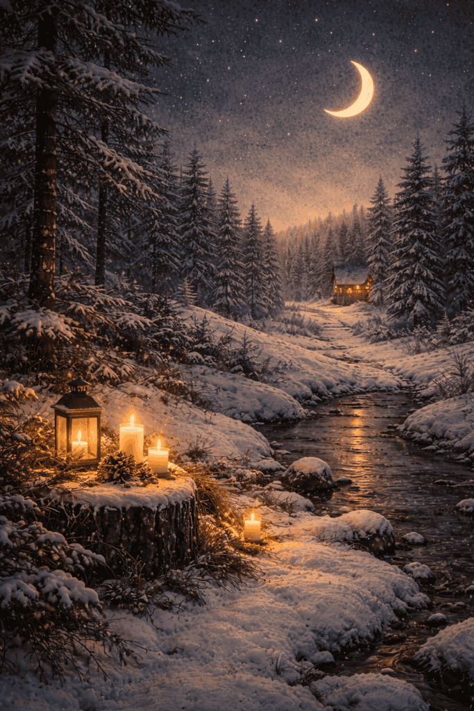 Soft candlelit glow on snowy forest riverbank with moon shining through snowy pine trees, creating a magical winter night scene, perfect for relaxation, meditation, or cozy holiday ambiance.