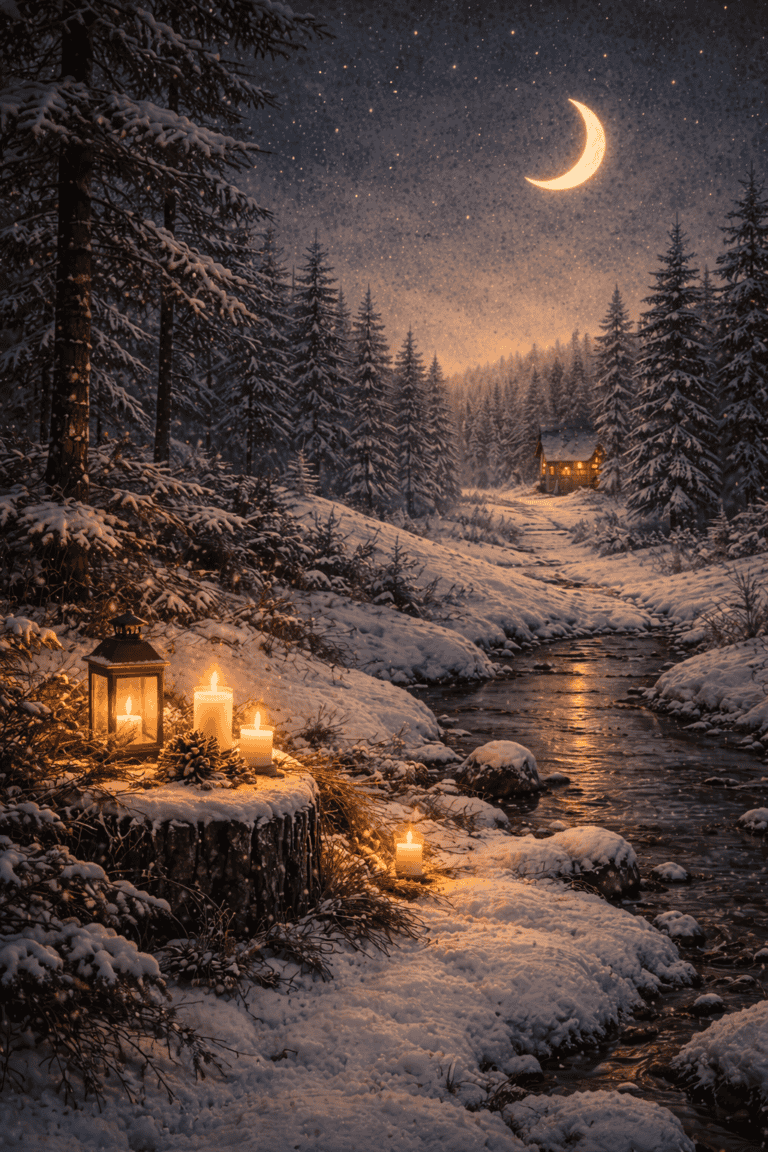Soft candlelit glow on snowy forest riverbank with moon shining through snowy pine trees, creating a magical winter night scene, perfect for relaxation, meditation, or cozy holiday ambiance.