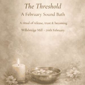 A serene image promoting The Threshold sound bath event with candles, flowers, and a calming atmosphere for release and transformation.