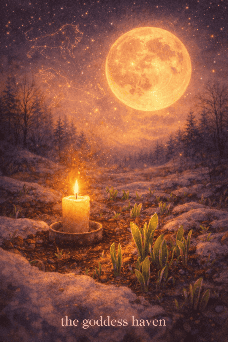 A serene image of a forest illuminated by a warm candlelight under a luminous full moon, featuring constellation lion stars, evoking calm, spirituality, and goddess connection.