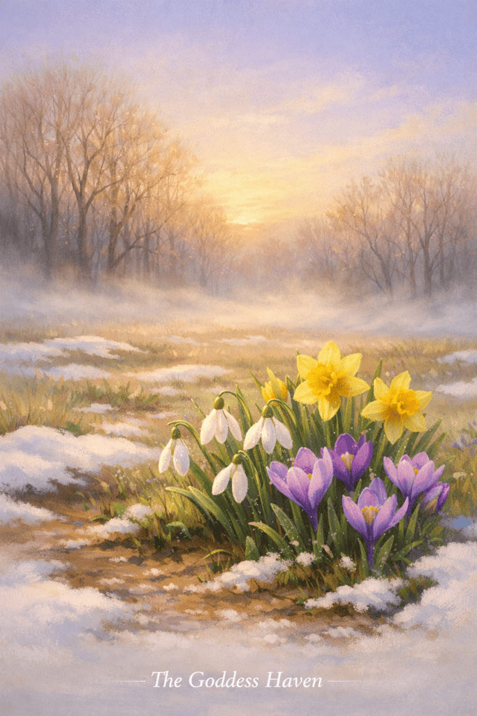 Beautiful spring flowers including daffodils and crocuses blooming in a misty, early morning landscape with snow patches and bare trees.