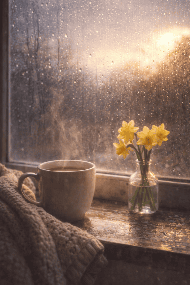 Cozy coffee mug with steam on a rainy window ledge, yellow daffodils in a glass vase, soft blanket, and sunrise creating a peaceful, comforting atmosphere.
