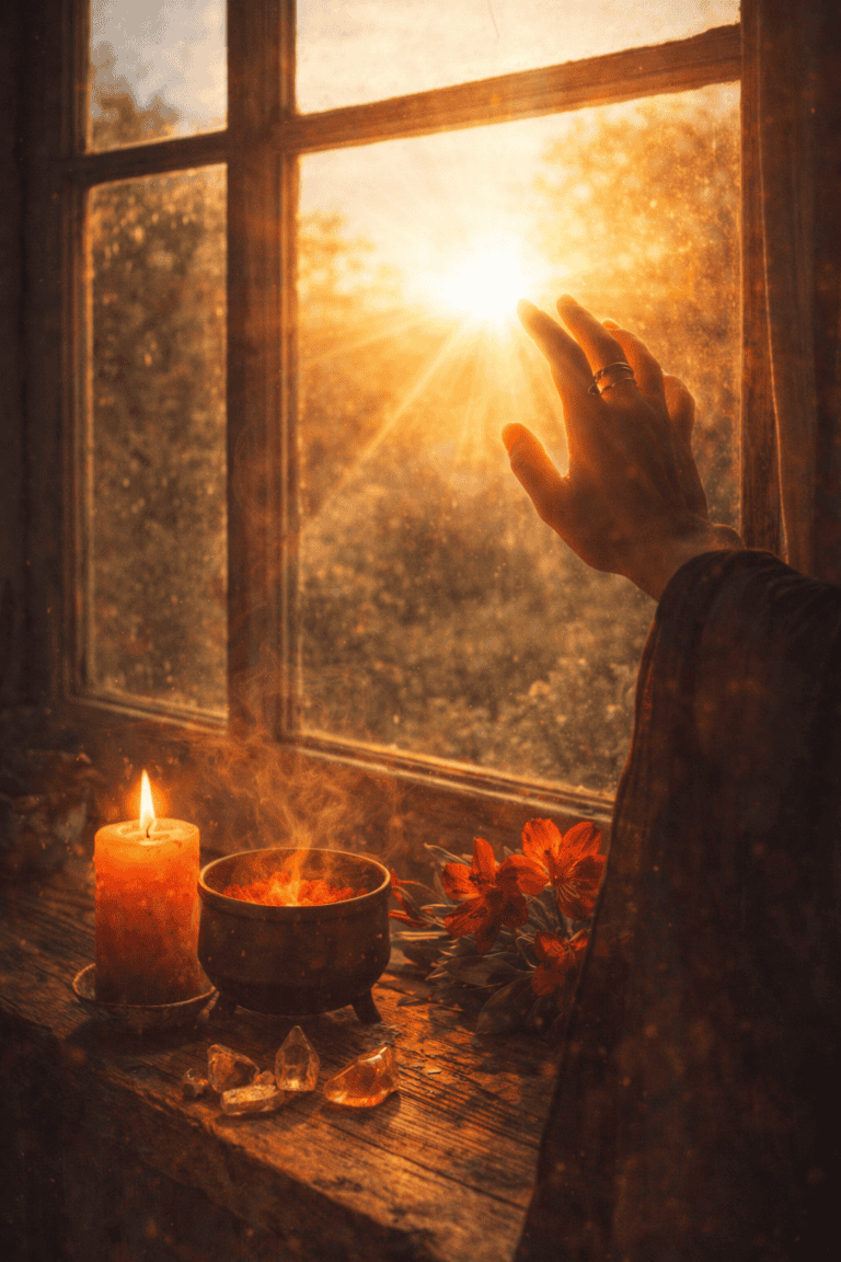 A hand reaching towards the rising sun through a rustic window, with candles and crystals on the windowsill, symbolizing spiritual awakening and healing energy.