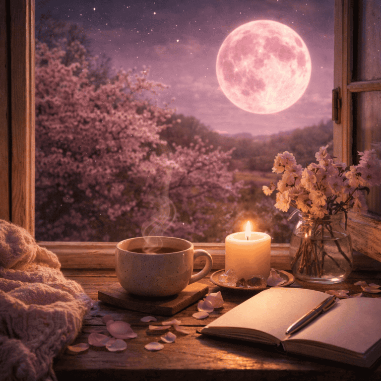 A serene scene of a cozy interior with a steaming cup of tea, a lit candle, and an open notebook on a wooden table, overlooking a beautiful spring night with a full moon and blooming cherry blossoms o.