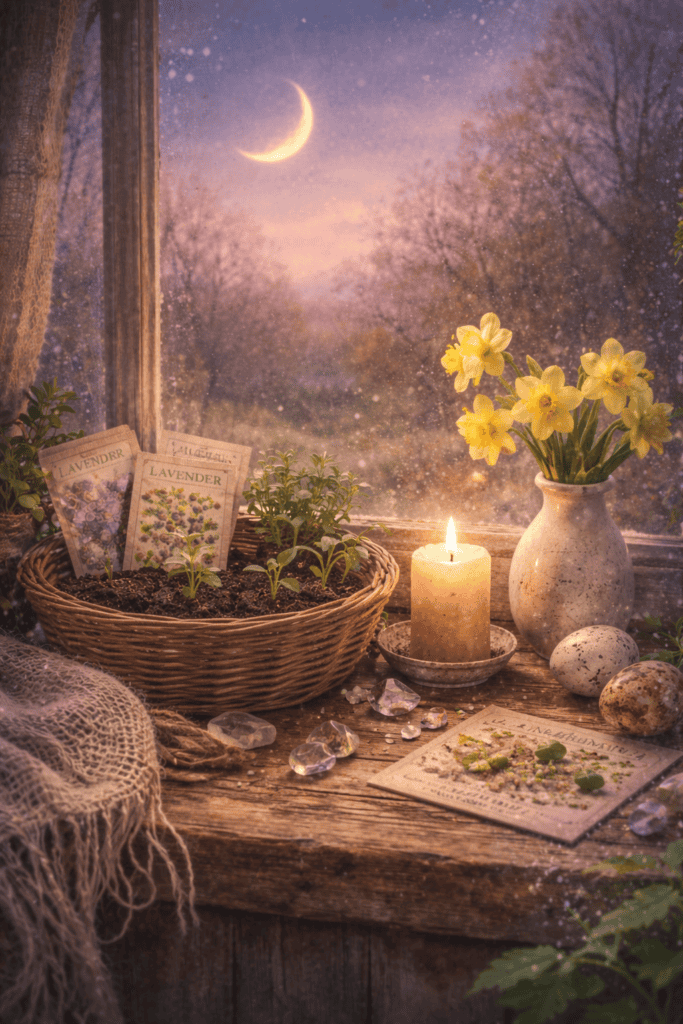 Serene garden scene at dusk with candle, lavender, and crystals by a window, under a crescent moon, evoking calm and spiritual connection.