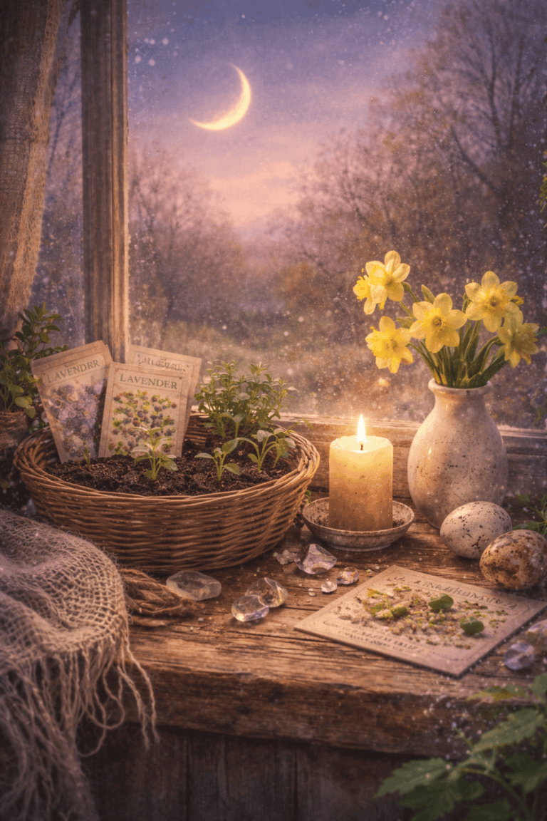 Serene garden scene at dusk with candle, lavender, and crystals by a window, under a crescent moon, evoking calm and spiritual connection.