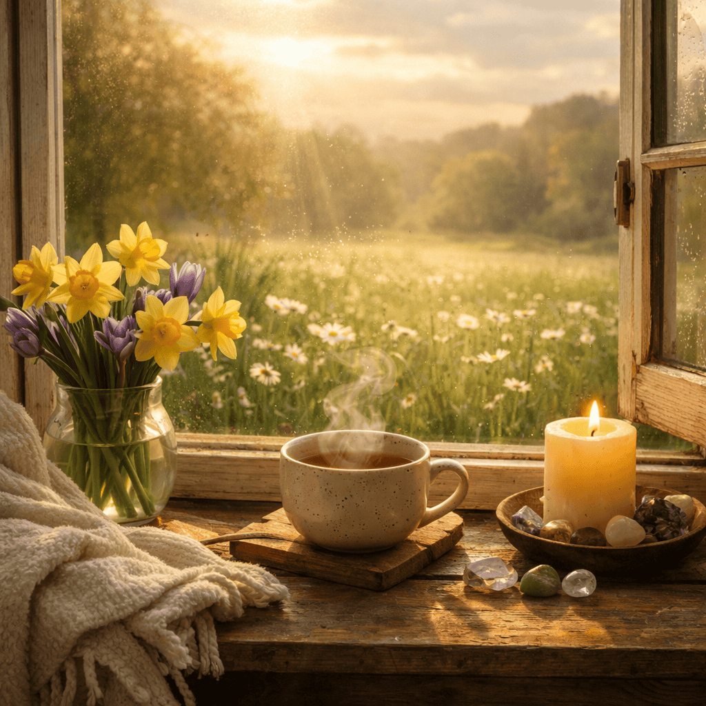 Cozy morning scene with a steaming cup of tea, fresh flowers, and a lit candle on a wooden windowsill overlooking a lush green landscape at sunrise.