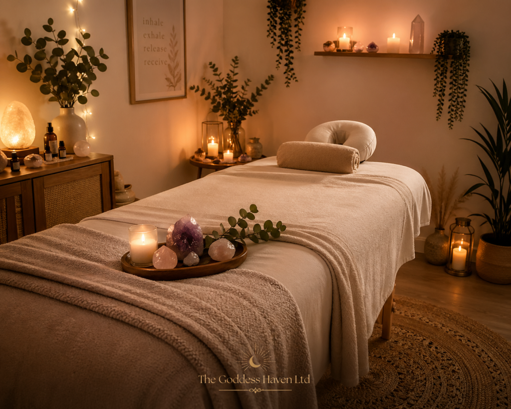 Calm massage therapy room illuminated by warm candlelight, featuring a massage bed, lush green plants, and soothing decor for a tranquil wellness experience.