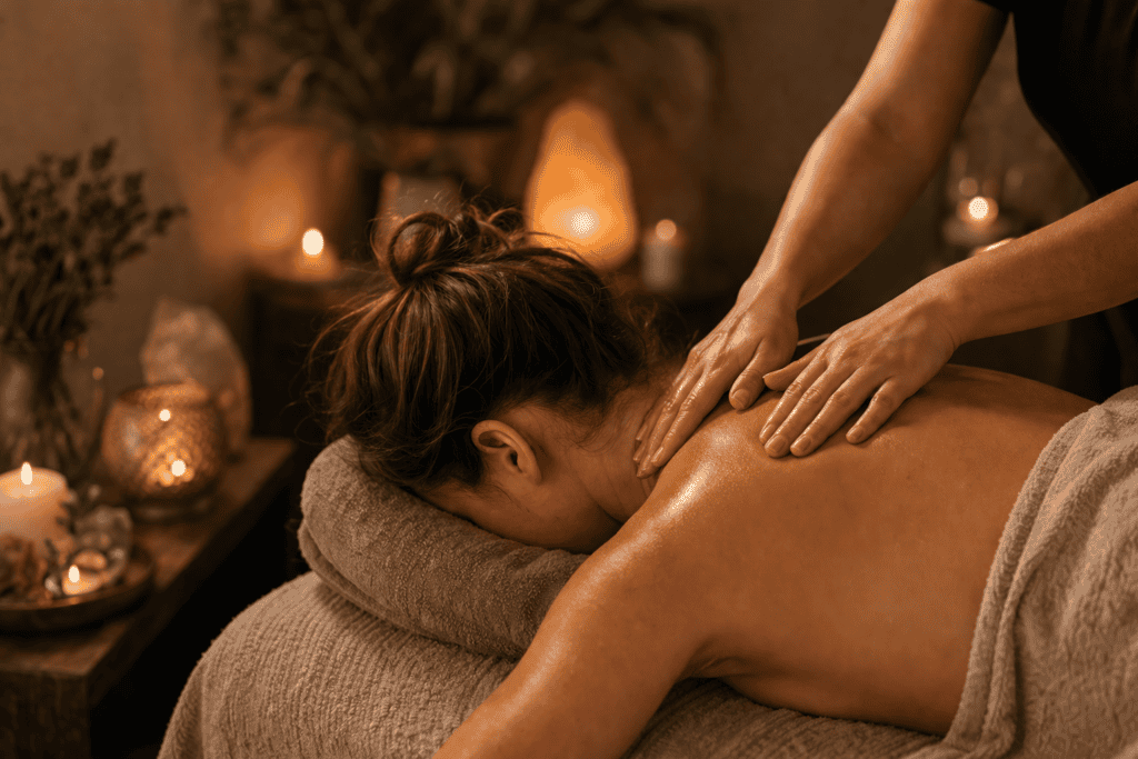 Woman receiving a soothing massage in a tranquil spa setting with warm lighting and candles, promoting relaxation and wellness.