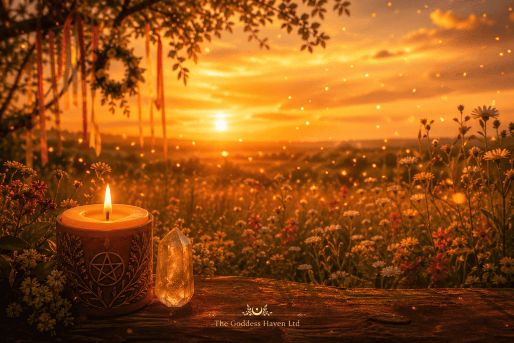 Healing sunset scene with a lit candle and crystal on a wooden surface, surrounded by wildflowers, during a warm sunset.